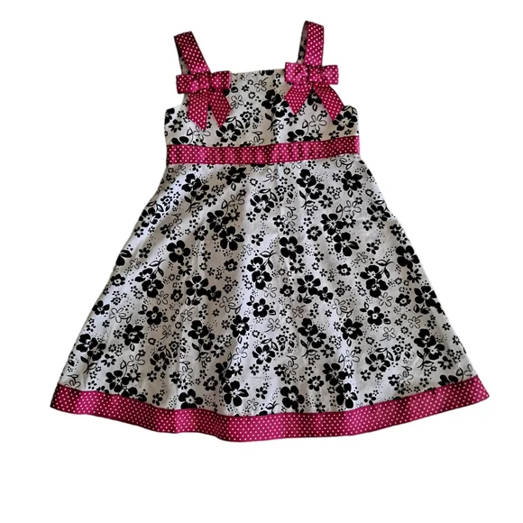 youngland pink dress Youngland pink, black, and white floral dress with polka dots and bows, …